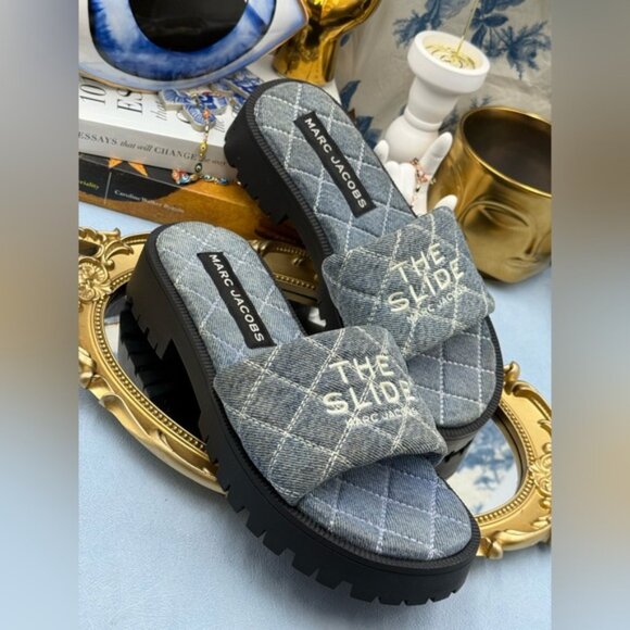 🆕 MARC JACOBS 🧿 NWOB The Quilted Denim Lug Sole Slide, Vintage Denim - Sz 8 - Picture 7 of 12